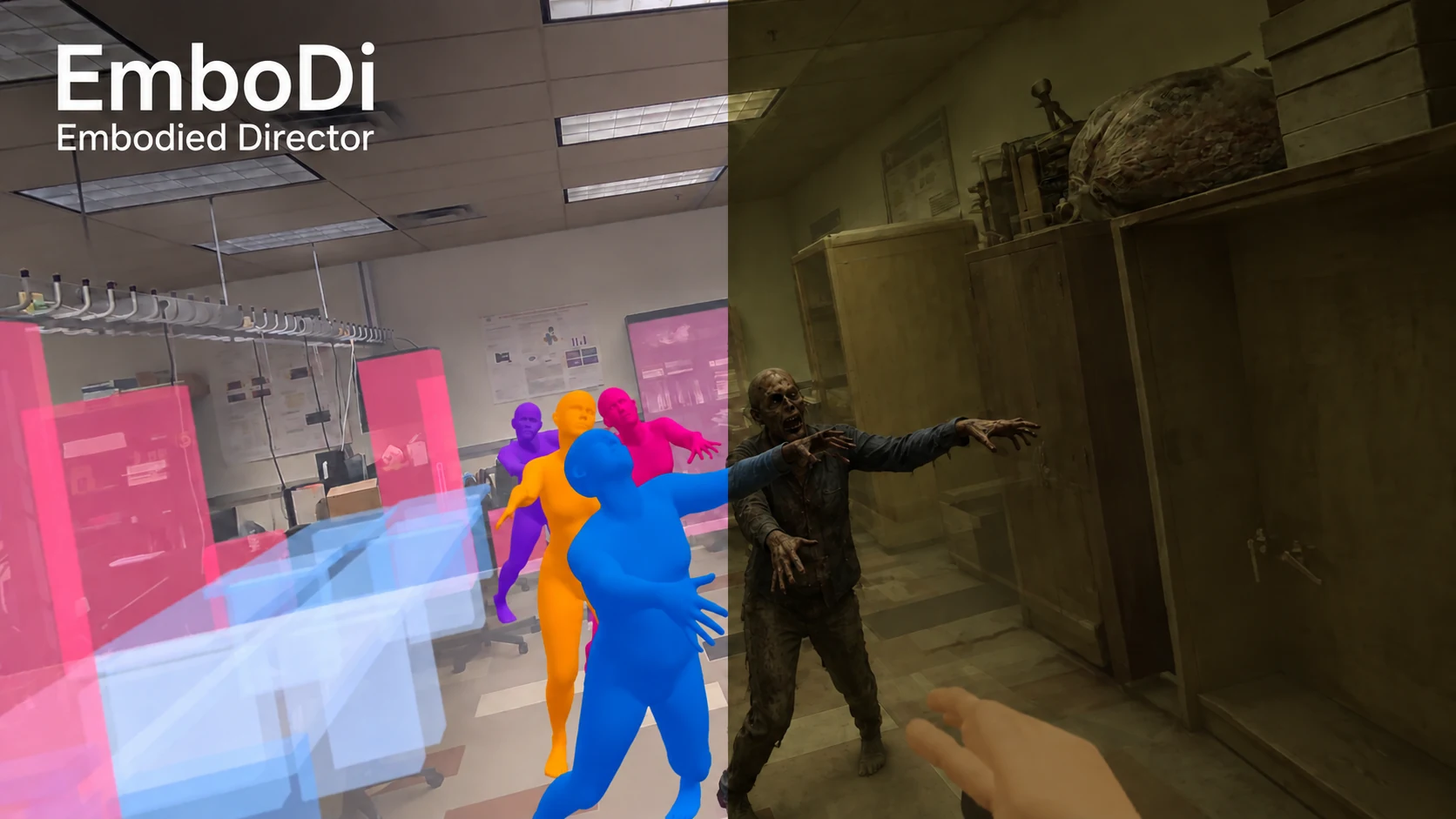 EmboDi zombie teaser with colored blockout actors in a real lab on the left and generated zombie imagery on the right